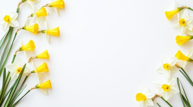 Daffodils Arranged Artistically Against a Clean White Background Showcasing Spring Colors and Freshness. photo