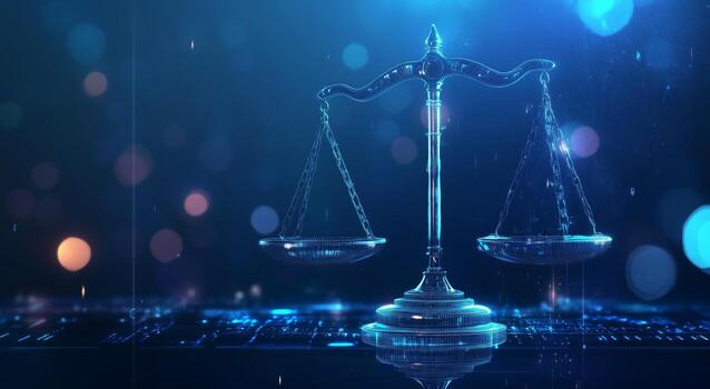 Digital Representation of Scales Symbolizing Justice in Futuristic Setting at Night photo