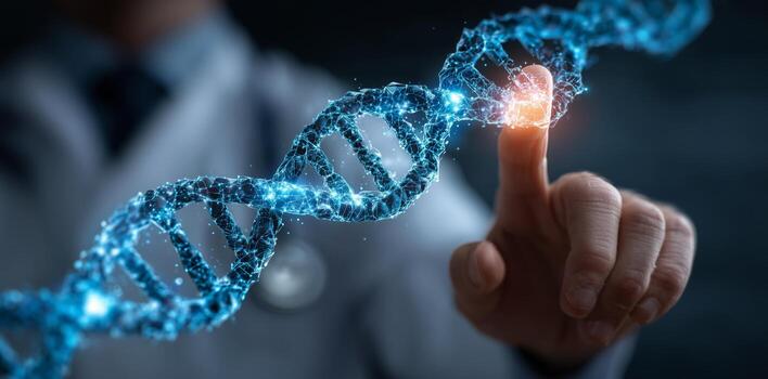Medical Professional Interacting With Glowing DNA Strand in Laboratory Setting photo