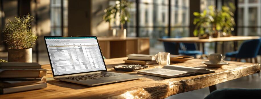 Modern Workspace With a Laptop and Greenery in a Bright and Airy Setting During Daylight Hours. photo