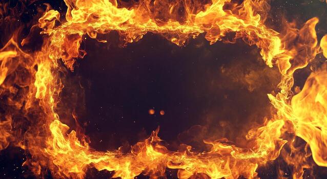 Fiery Frame Showcasing Vibrant Flames on a Dark Background With Glowing Embers photo
