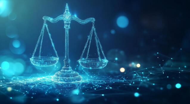 Digital Representation of Scales Symbolizing Justice in Futuristic Setting at Night. photo