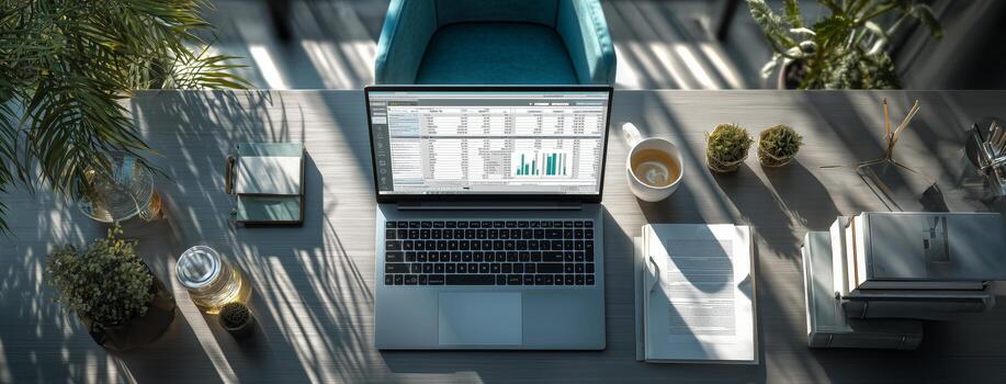 Workstation With Laptop, Documents, and Plants in a Bright Office Setting During Daytime photo