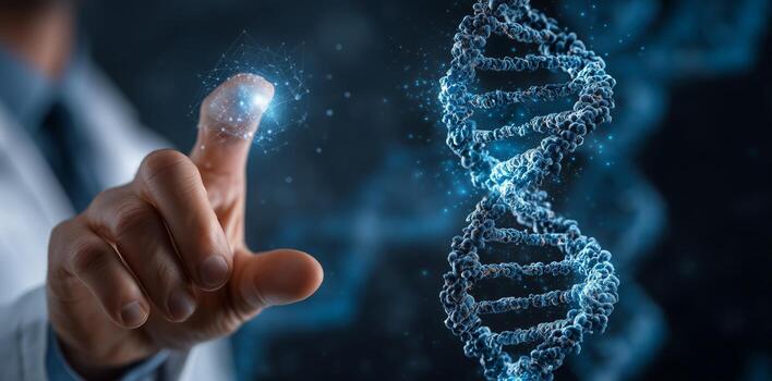 Medical Professional Interacting With Glowing DNA Strand in Laboratory Setting. photo