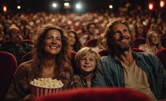 Family Enjoys a Movie Together in a Crowded Theater With Popcorn in Hand During a Friday Night Outing. photo