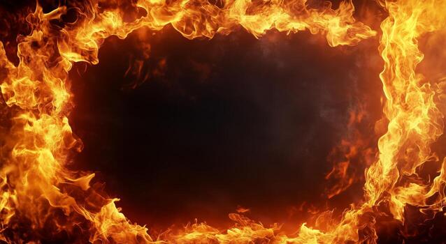 Fiery Frame Showcasing Vibrant Flames on a Dark Background With Glowing Embers. photo