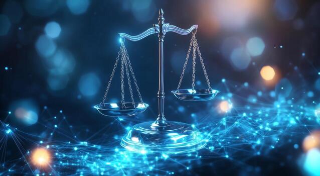 Symbol of Justice Balancing Scales With Digital Background Representing Law and Order photo