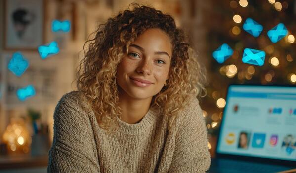 Young Woman Smiling in Cozy Room Decorated With Festive Lights and a Computer Screen Displaying Messages photo