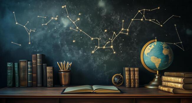 Study Space With Globes, Books, and Constellations on Chalkboard in a Cozy Learning Environment. photo