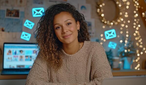Young Woman Smiling in Cozy Room Decorated With Festive Lights and a Computer Screen Displaying Messages. photo