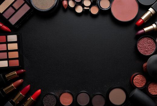 Vibrant Display of Makeup Products Arranged Artistically on a Dark Surface. photo
