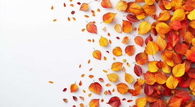 vibrante otoño hojas en calentar matices dispersado en un blanco superficie creando un estacional mostrar. foto