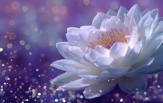 Beautiful Water Lily in Serene Purple Setting With Sparkling Bokeh Effect and Dew Drops photo