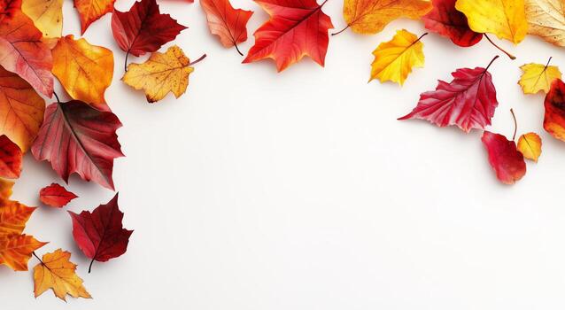 vibrante otoño hojas en calentar matices dispersado en un blanco superficie creando un estacional monitor foto