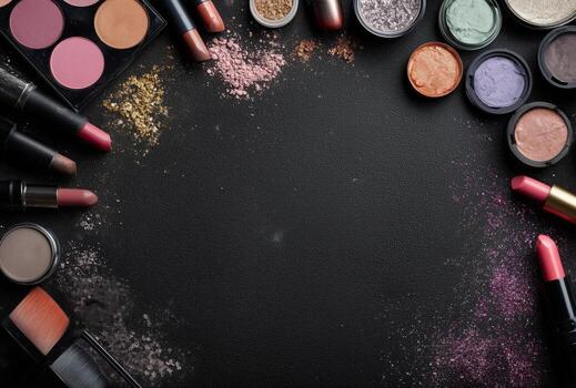 Vibrant Display of Makeup Products Arranged Artistically on a Dark Surface photo