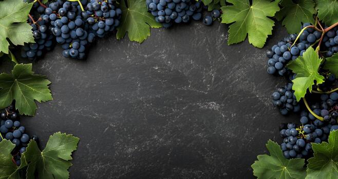 Bunches of Dark Grapes Surrounded by Green Leaves on a Textured Dark Stone Background. photo