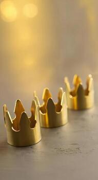 Three gold miniature crown objects positioned diagonally on a textured surface with soft bokeh background photo