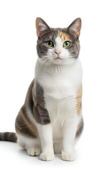 Cat background, Cat wallpaper, A calico cat with green eyes sits attentively on a white background displaying its distinctive patched fur pattern photo