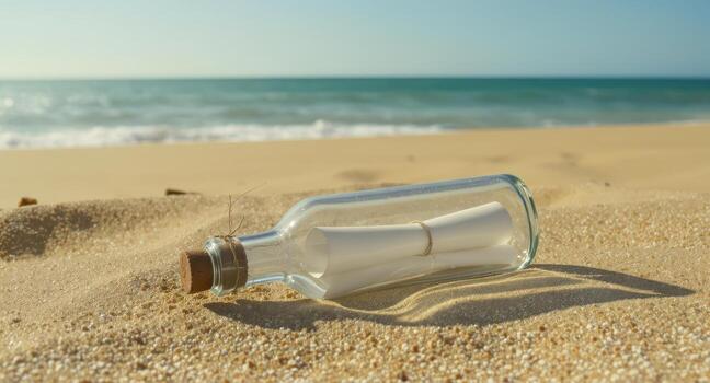 Clear glass bottle with a cork stopper and a rolled message on a sandy beach by the ocean photo
