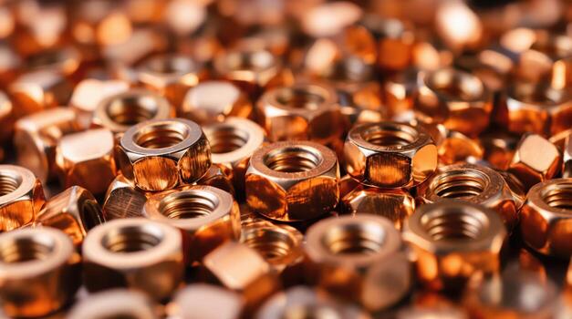 Detailed macro view of numerous shiny copper hex nuts with intricate internal threading photo