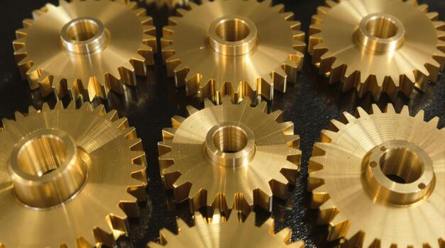 Close up of shiny precision machined brass gears forming an intricate mechanical array photo