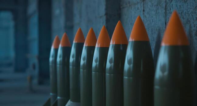 Hyper realistic close up of a row of dark olive green missiles with bright orange conical tips photo