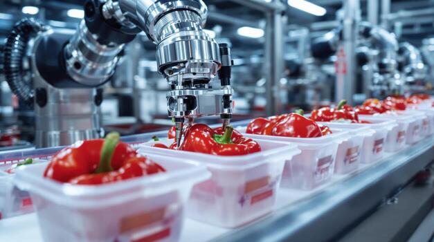 Robotic arm precisely sorting red bell peppers on a conveyor belt in a modern food factory photo