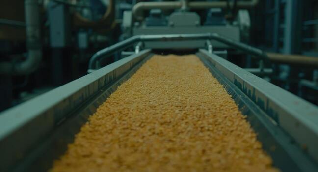 Automated conveyor belt transporting golden granular material in a modern food factory photo