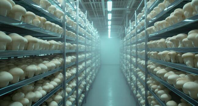 Large scale commercial mushroom farm with rows of white button mushrooms on racks photo