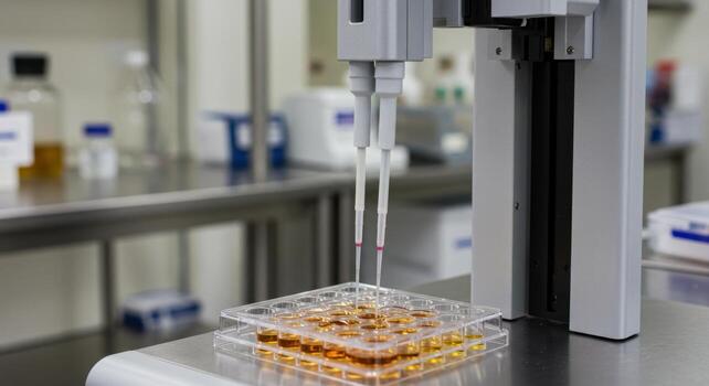 Automated liquid handling system dispensing amber liquid into microplate in laboratory photo