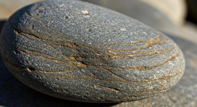 Close up of a smooth grey river stone with natural wavy patterns and an iridescent water droplet photo
