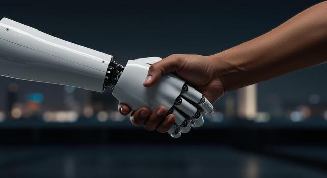 Human and robot handshake symbolizing future technology and collaboration photo