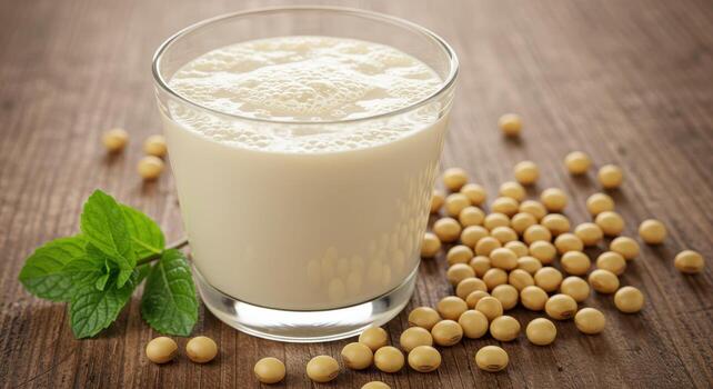 Fresh creamy soy milk in a glass with soybeans and mint on a rustic wooden table photo