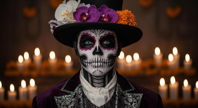 Man with elaborate calavera makeup and top hat adorned with orchids for dia de los muertos photo