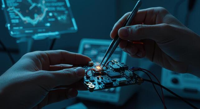 Close up of hands using tweezers to assemble miniature drone circuit board in a tech lab photo