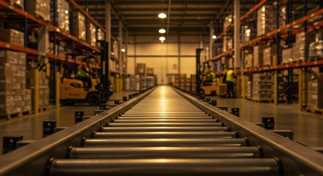 Ground level perspective of a long conveyor belt in a bustling distribution center photo