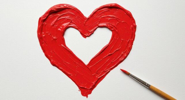 Vibrant red paint heart shape on white canvas with paintbrush, expressing love and art photo