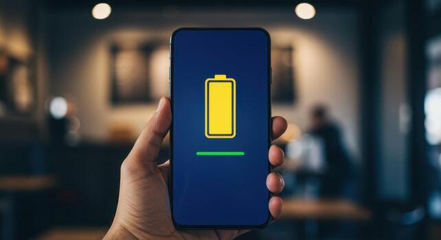 Hand holding smartphone displaying yellow battery charging icon with green progress line photo