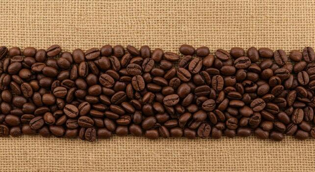 Roasted coffee beans arranged in a horizontal line on a textured burlap sack background photo