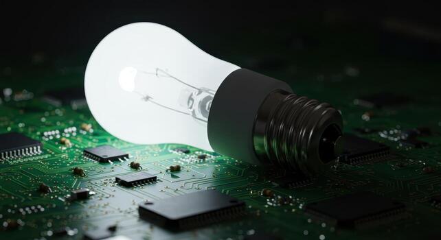 Illuminated light bulb on a complex green circuit board symbolizing technology and ideas photo