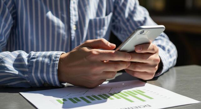 Man hands interacting with a mobile phone screen above a paper document with green bar charts photo