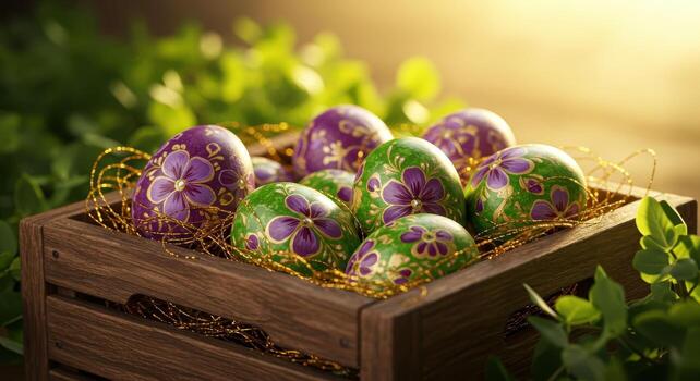 vibrantemente pintado Pascua de Resurrección huevos con floral patrones en un rústico de madera caja foto