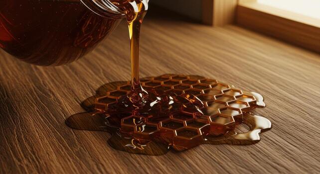 Viscous stream of golden honey pouring from a jar onto a wooden table forming a honeycomb pattern photo
