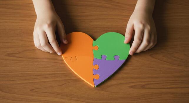 Young hands building a multicolored heart puzzle symbolizing connection and care photo