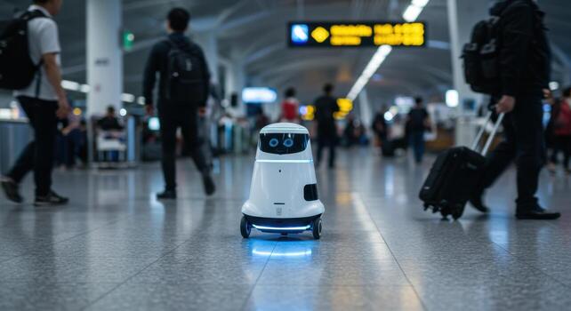 White service robot gliding through a bustling futuristic airport terminal with travelers photo