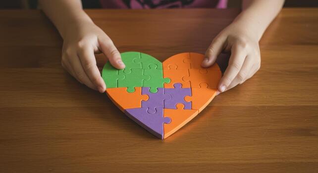 Child hands assembling colorful heart puzzle pieces on a warm wooden table photo