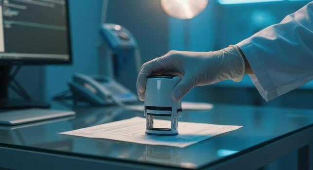 Gloved hand stamping official document on glass desk in a modern laboratory setting photo