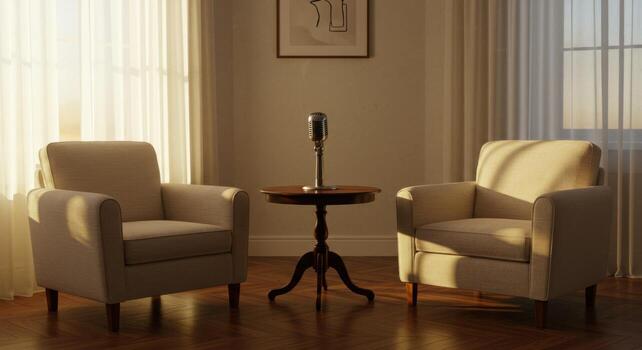 Inviting interview setting with vintage microphone and two armchairs in warm sunlight photo