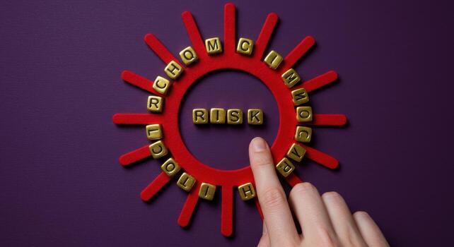 Finger pointing to golden RISK word in red circular frame with alphabet letters on purple photo