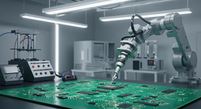 Robotic arm soldering microchip on green circuit board in high tech electronics laboratory photo